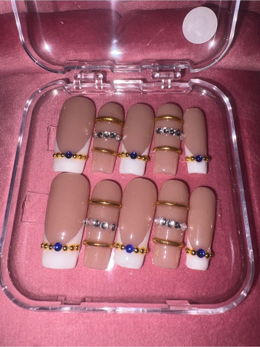 Nude Pink French Tip Press-On Nails with Gold and Rhinestone Accents - Set of 10